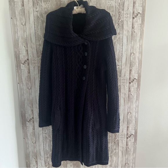 Saol Aran Irish Knit Cardigan Wool Blend Coatigan Fisherman Navy XL - Picture 3 of 11